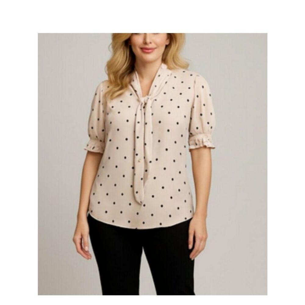 ADRIANNA PAPELL Polka Dot Tie Front Blouse Medium
